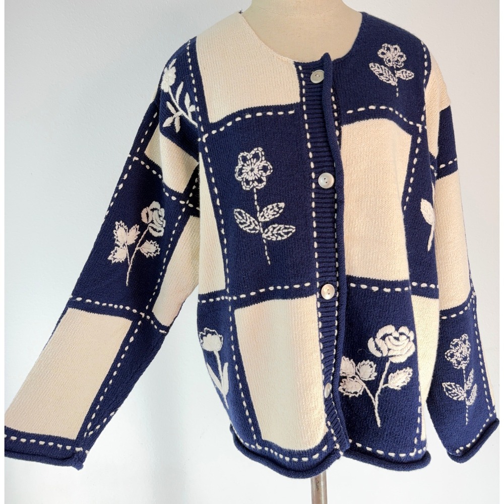 VTG 90s Susan Bristol Hand Knit Patchwork‎ Cardigan Sweater Floral Embroidered
